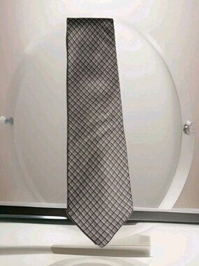 Claiborne Men's Geometric Grid Blue Grey Handmade Silk Necktie Tie